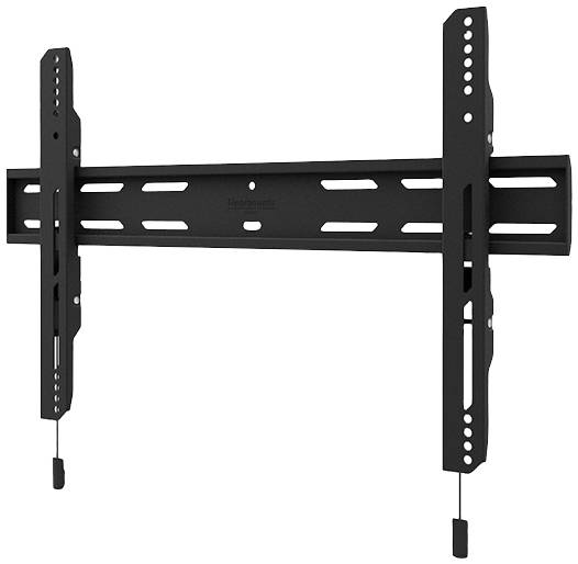 Eine schwarze Wandhalterung für Fernseher mit verstellbaren Schienen und Haken.