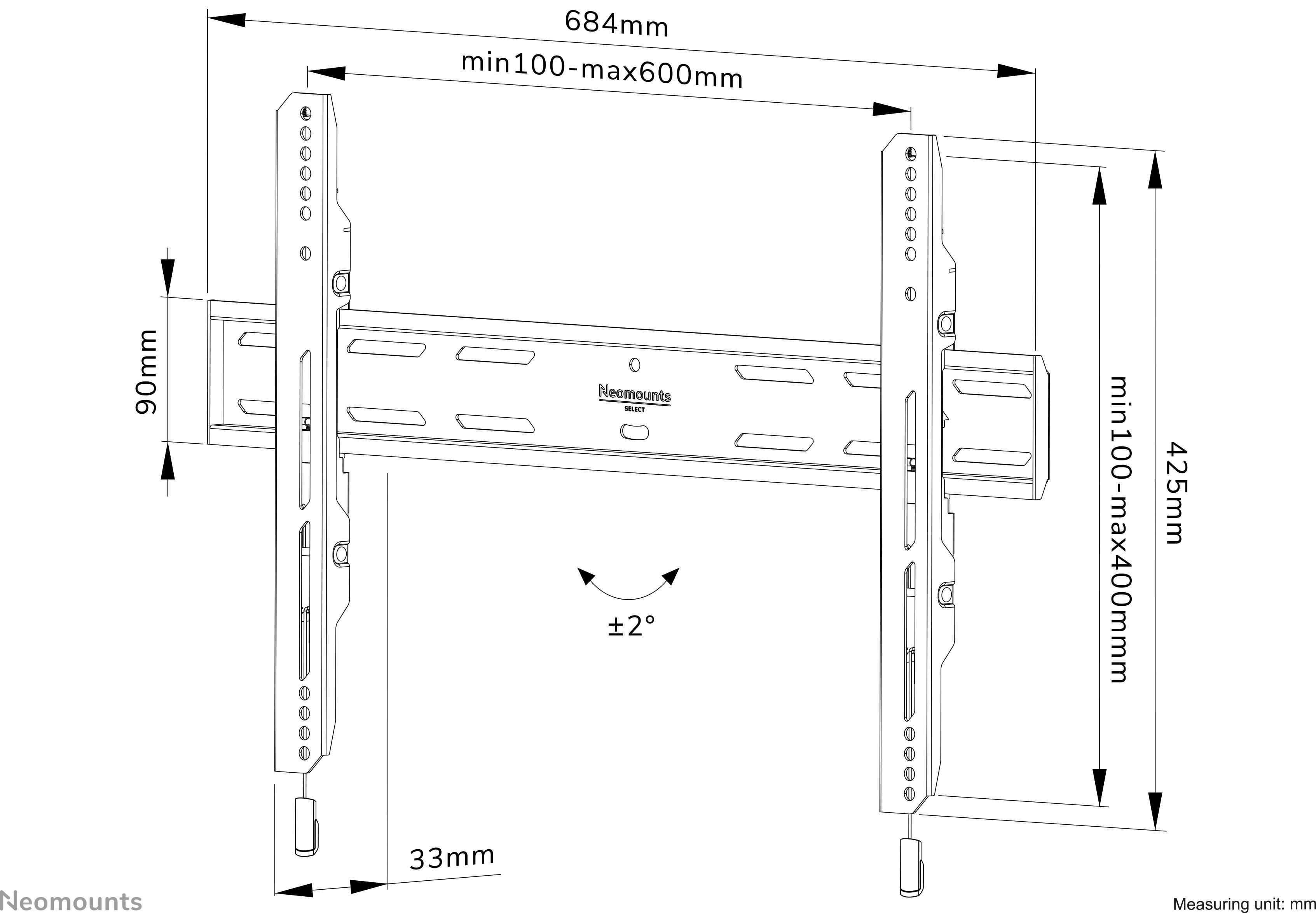 Wandhalterung für Fernseher, einstellbar. Abmessungen: Breite 684mm, Höhe 425mm. Unterstützt Bildschirmbreiten von 100–600mm, Höhen von 100–400mm.