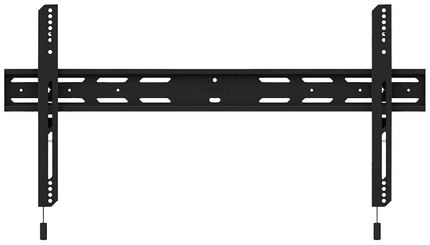 Eine schwarze, flache TV-Wandhalterung aus Metall, geeignet für große Bildschirme, mit mehreren Montagelöchern für flexible Befestigung.