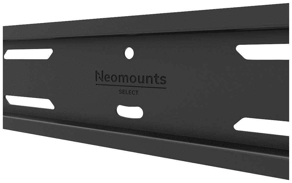Schwarze Metallplatte mit Schlitzen und Loch in der Mitte, Aufschrift 'Neomounts SELECT'. Hauptsächlich zur Befestigung geeignet.