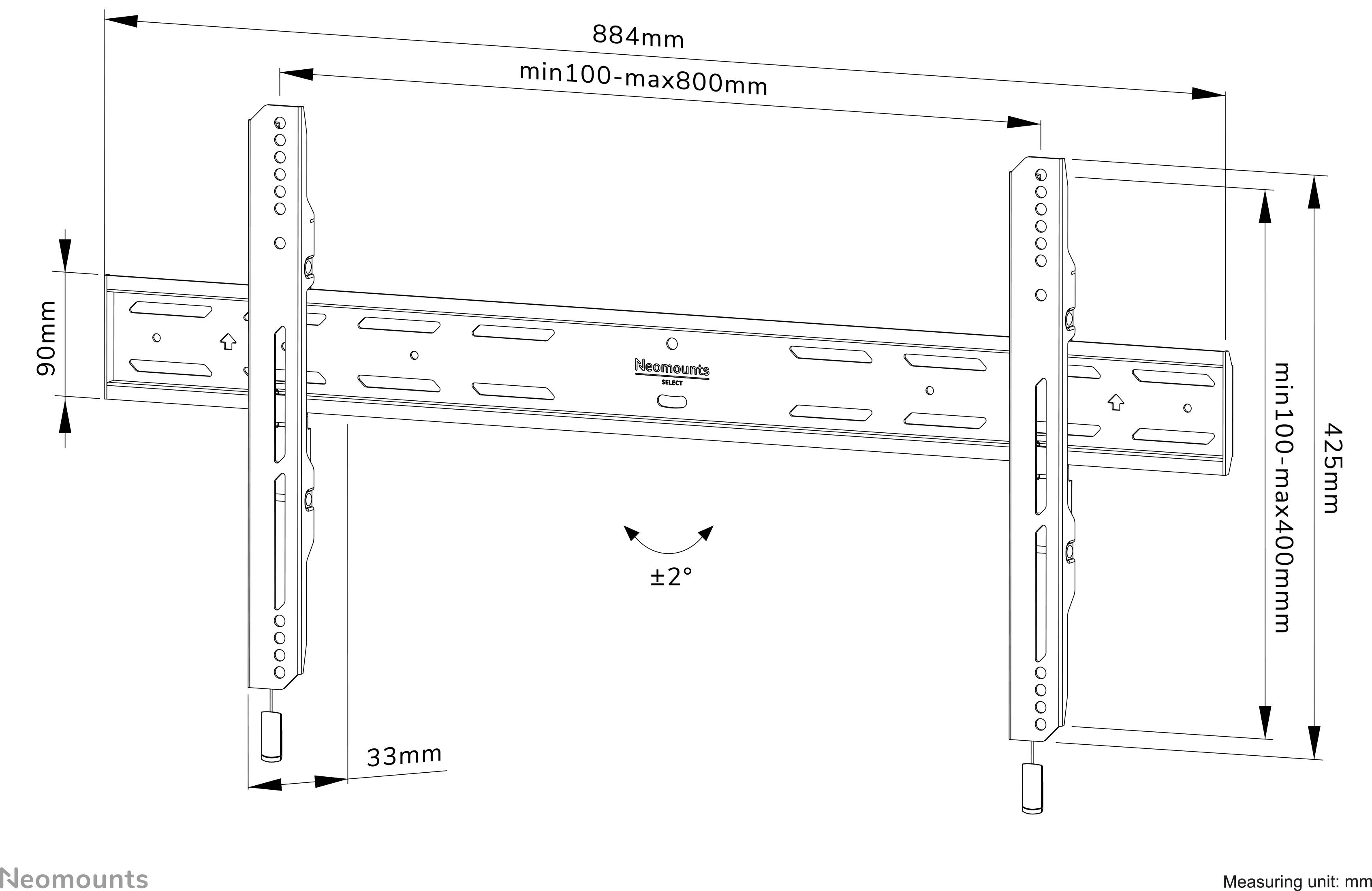 Technische Zeichnung einer Wandhalterung mit Maßen: 884mm Breite, verstellbare Höhe von 90mm, Neigung ±2°, maximale Höhe 425mm, Mindesthöhe 100mm.