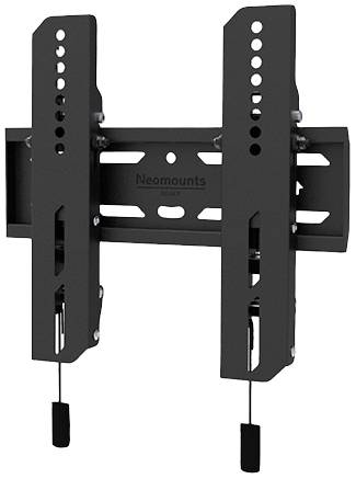 Eine schwarze Wandhalterung für Fernseher oder Monitore mit verstellbaren Schienen und Sicherheitsverschlüssen.