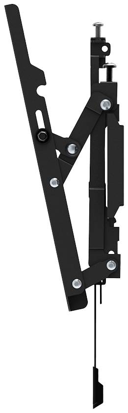 Schwarzes mechanisches Bauteil mit Hebel- und Scharnierstruktur, mehreren Verbindungsstellen und Befestigungselementen.