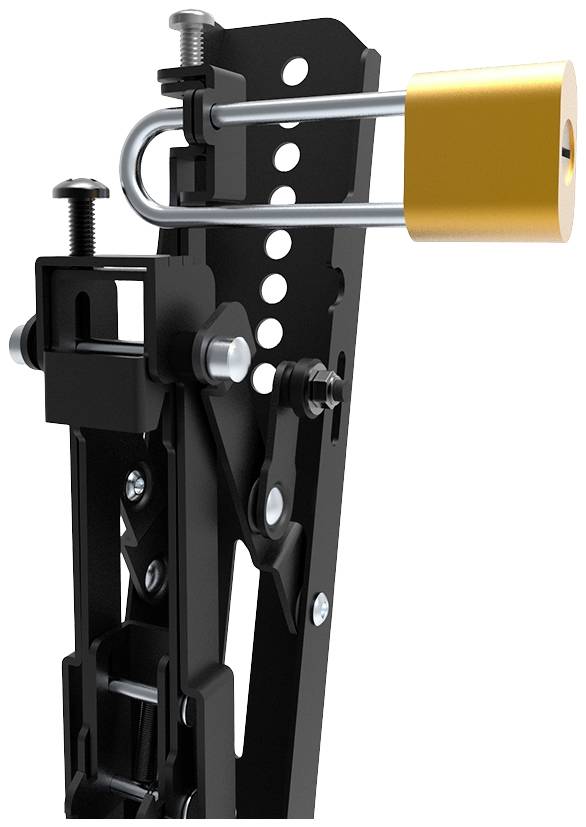 Schwarzes Metallgestell mit gelbem Vorhängeschloss. Mehrere Schrauben verbinden die Teile; geeignet zur Sicherung oder Befestigung.