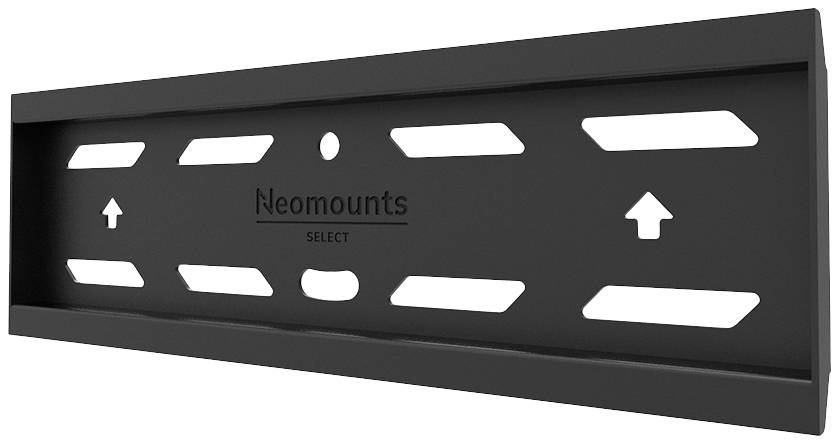 Neomounts SELECT TV-Wandhalterung, schwarze Metallplatte mit Pfeilen und Löchern zur Befestigung an der Wand. Geeignet für Flachbildfernseher.