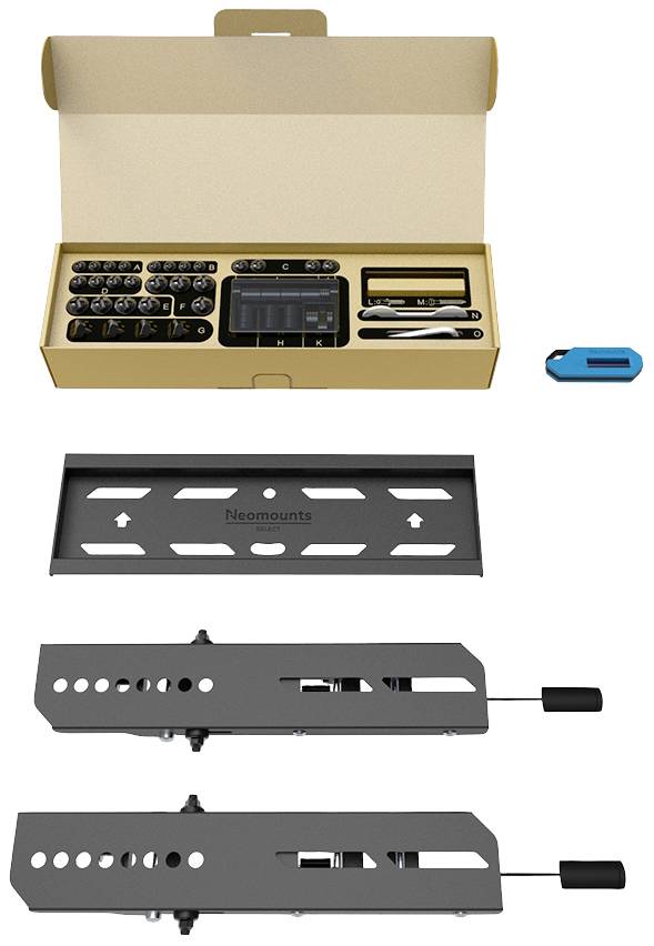 Ein Montageset für Wandhalterung mit Schrauben, Werkzeug und Haltebügeln. Geeignet zur Befestigung von Bildschirmen an Wänden.