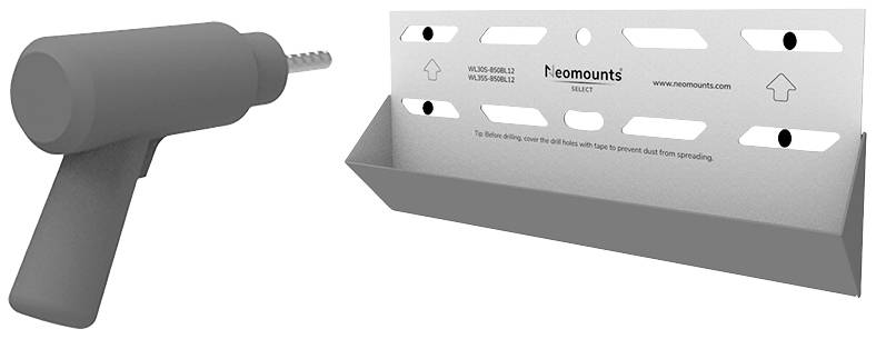 Bohrmaschine und Wandhalterung mit Bohrlöchern. Wandhalterung von Neomounts für Fernseher oder Monitore. Anleitung zum Anbringen.