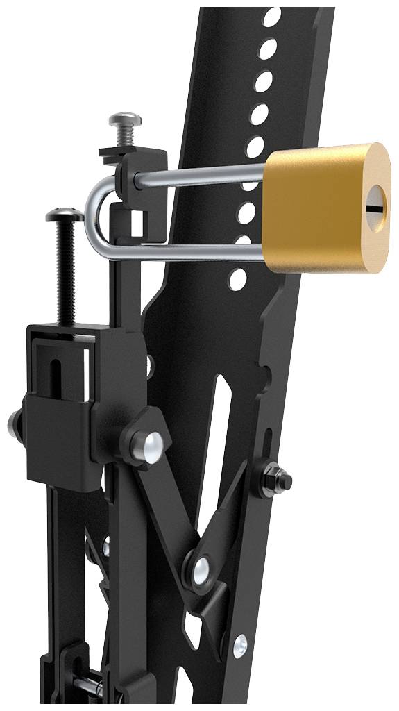 Ein Metallrahmen mit Löchern und einem orangefarbenen Vorhängeschloss; mechanisches Bauteil zur Sicherung oder Verstellung befestigt.