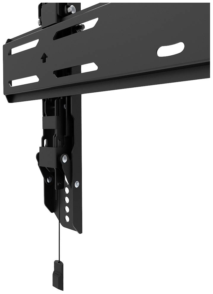 Schwarze TV-Wandhalterung aus Metall mit mehreren Schraubenlöchern und einem Befestigungselement unten.