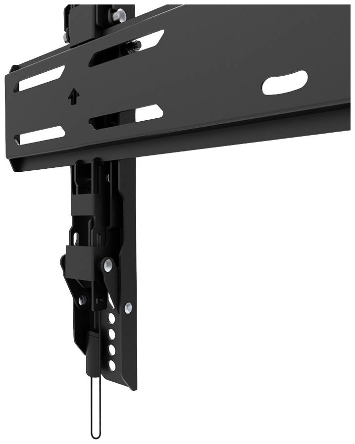 Schwarze Metallhalterung für Wandmontage mit verstellbaren Elementen und Schrauben für die Befestigung.