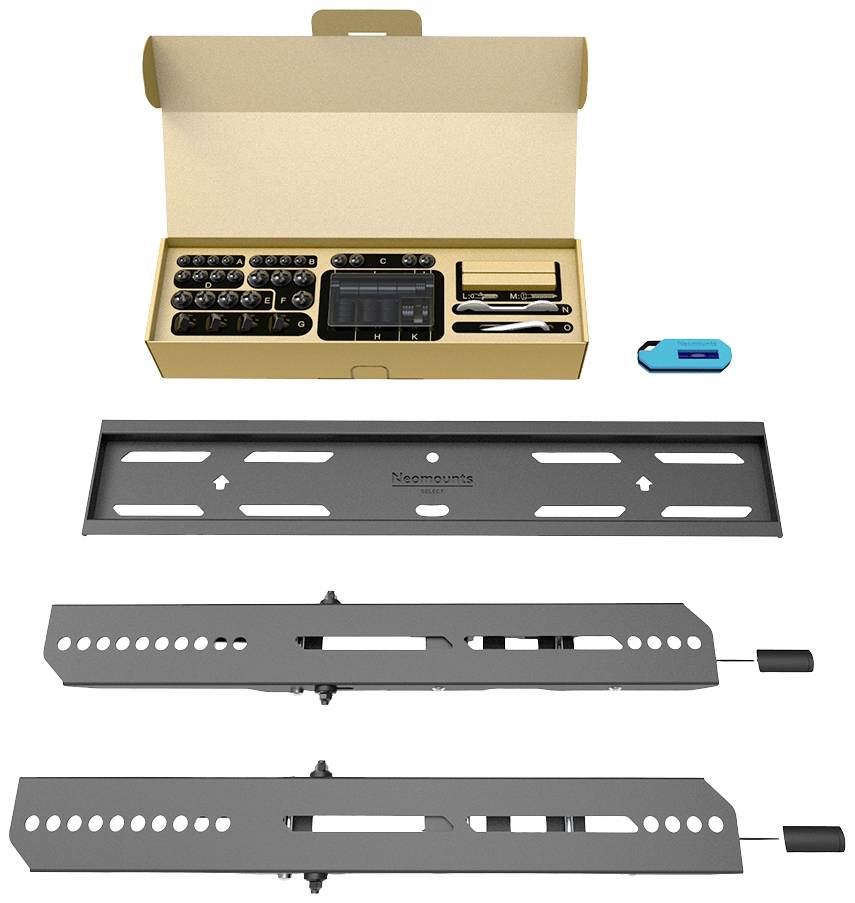 Ein Wandhalterungsset für Fernseher, bestehend aus Montageschienen, Schrauben und einem Messwerkzeug. Verpackung im Hintergrund.