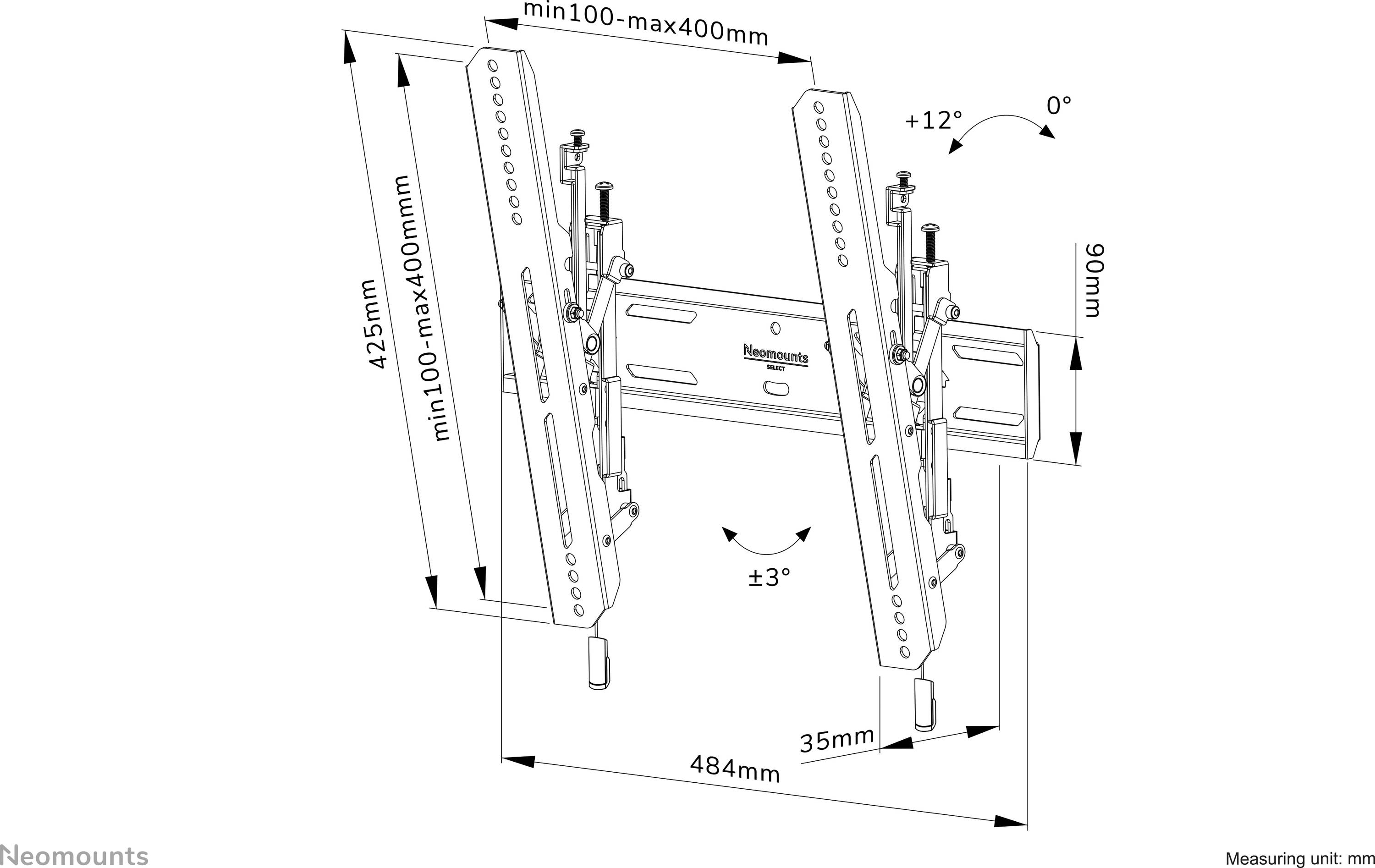 Illustration einer TV-Wandhalterung mit Neigungseinstellungen. Maße und Neigungswinkel sind angegeben, inkl. min. und max. Größen.