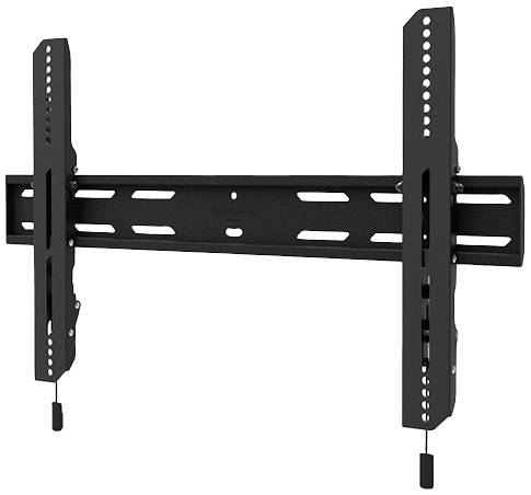 Schwarze Wandhalterung für Fernseher, geeignet für große Bildschirme, mit mehreren Befestigungslöchern und zwei Sicherungsseilen.