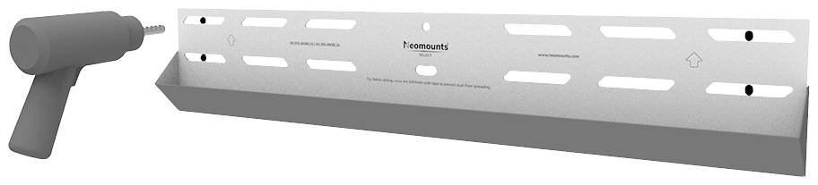 Metallhalterung mit Schlitzen für Wandmontage und Bohrmaschine links.