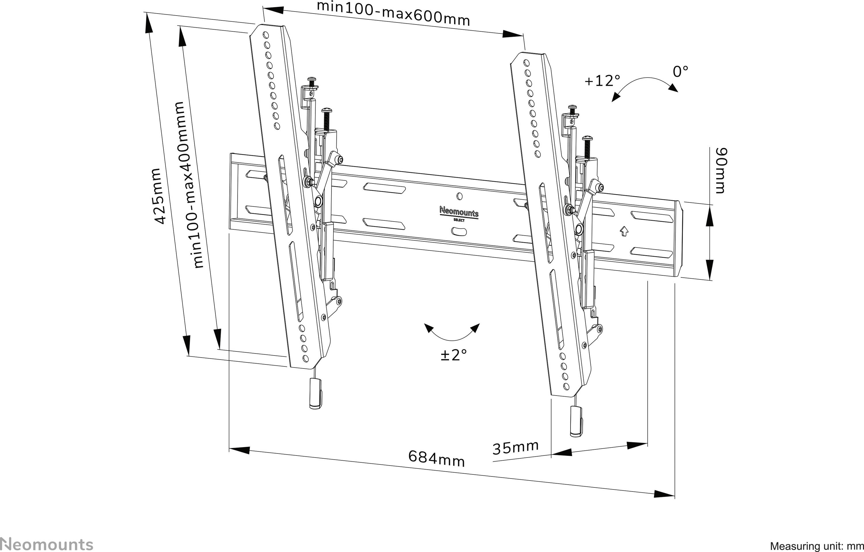 Wandhalterungsdiagramm mit Neigungseinstellungen. Breite: 684mm, Höhe: 425mm. Anpassbar für Bildschirme zwischen 100-600mm. Neigung ±12 Grad.