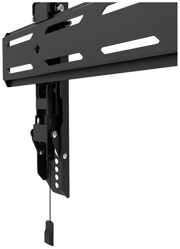 Schwarzer Metallhalter mit vertikalen Schlitzen, geeignet zur Befestigung an einer Wand oder Oberfläche.