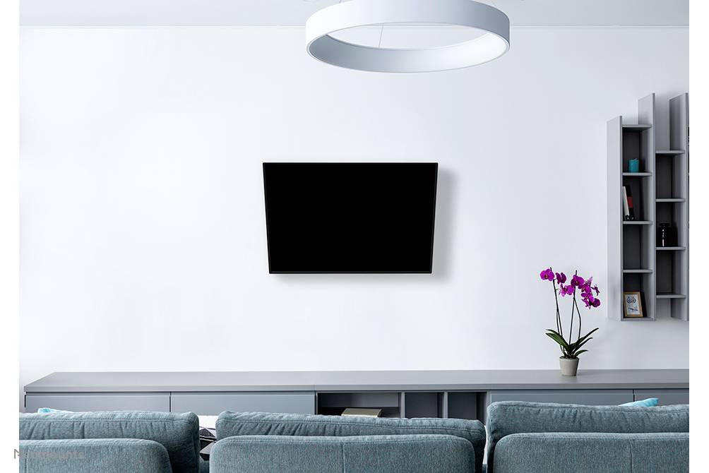 Ein modernes Wohnzimmer mit grauem Sofa und Fernseher an der weißen Wand. Eine rosa Orchidee steht auf einem Sideboard unter dem TV.