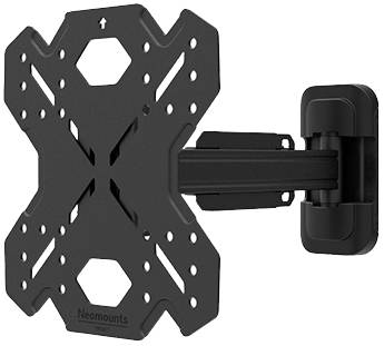 Eine schwarze TV-Wandhalterung mit verstellbarem Arm, geeignet für Flachbildschirme, an der Wand montiert.