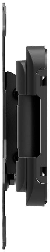 Schwarzes, rechteckiges elektronisches Gerät mit schmalem Gehäuse, seitlicher Ansicht. Es zeigt vertikal angeordnete Elemente.