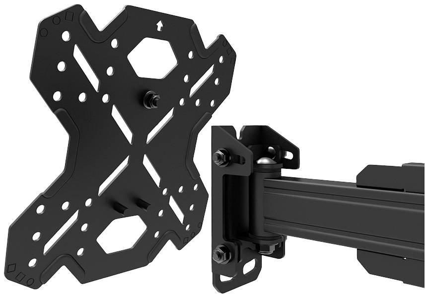 Schwarze Metallhalterung mit perforiertem Design, zeigt Befestigungspunkte und Gelenkarm, geeignet für die Montage an einer Wand oder Oberfläche.