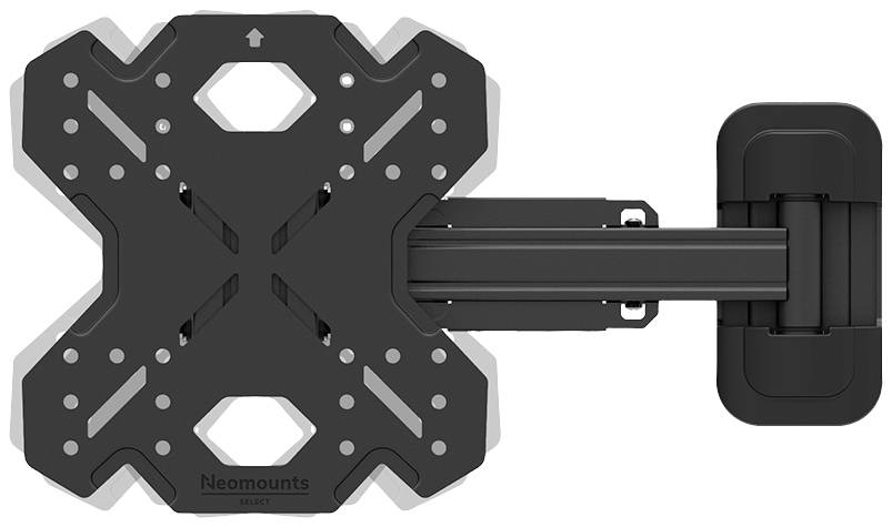 TV-Wandhalterung in schwarzem Metall, Neigung und Schwenkung möglich. Befestigungsplatte in X-Form, rechte Seite mit Ausleger verbunden.