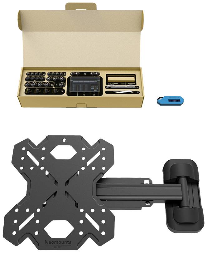 Kartonverpackung mit geöffnetem Deckel zeigt ein Schraubenset mit Werkzeugen. Darunter ist eine schwarze TV-Wandhalterung abgebildet.