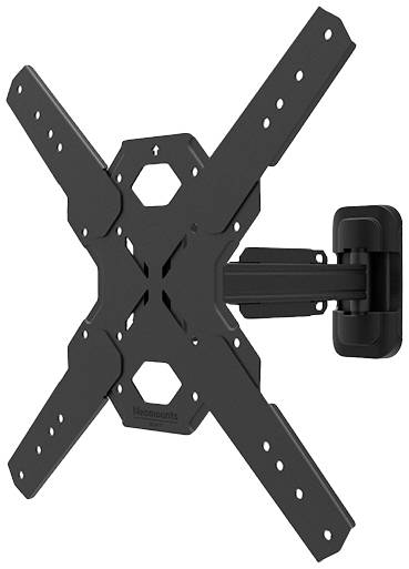Schwarze, schwenkbare TV-Wandhalterung in X-Form, montiert an einer Wand. Geeignet für Flachbildfernseher.