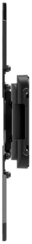 Seitenansicht eines schlanken, schwarzen elektronischen Geräts mit mehreren Anschlüssen, das an der Wand montiert werden kann.