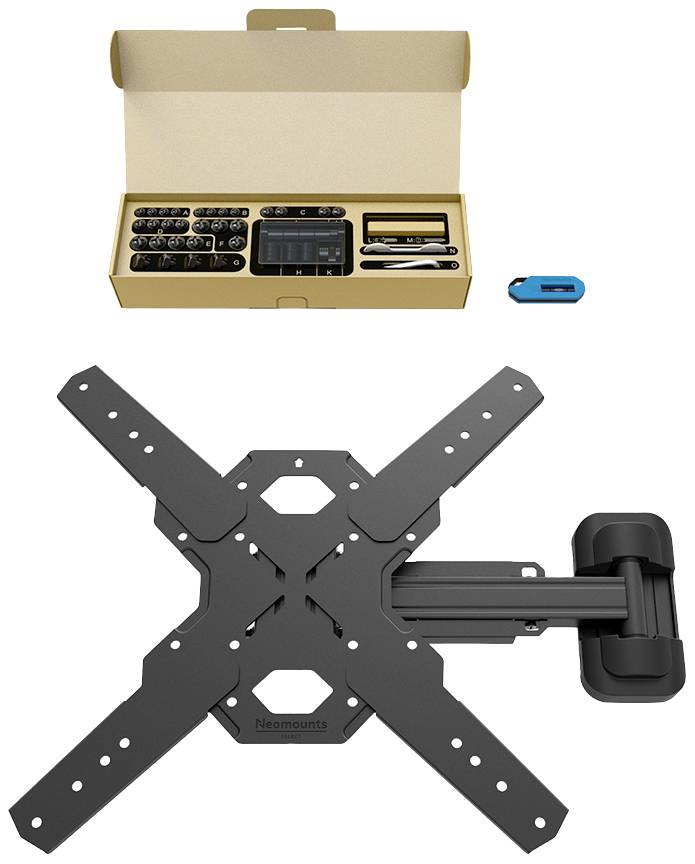 TV-Wandhalterung in Schwarz, zusammen mit Installationszubehör und Anleitung, in einem offenen Karton dargestellt.