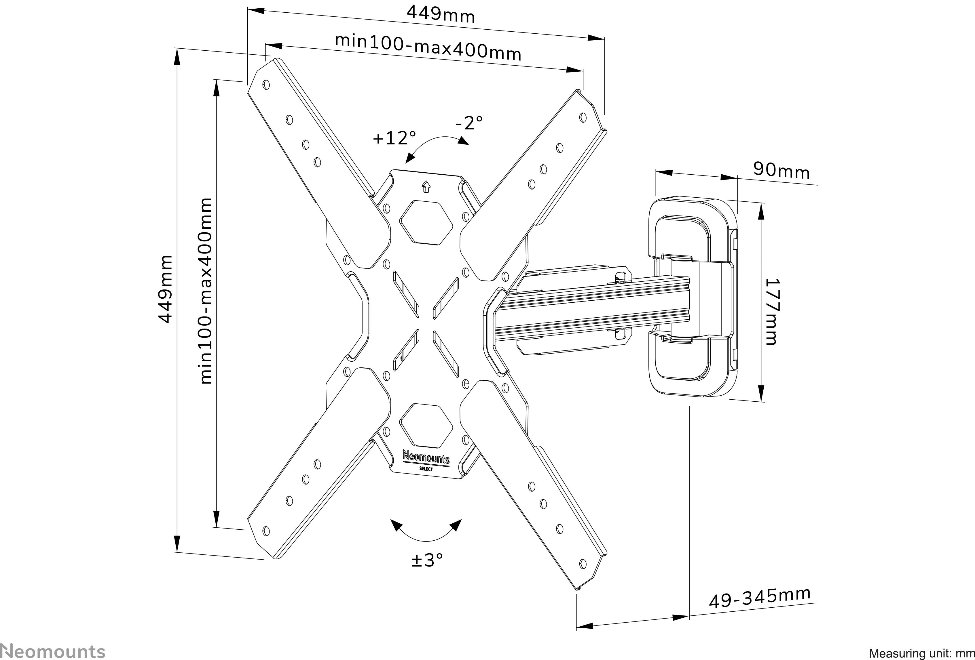 Multifunktionale TV-Halterung von Neomounts mit verstellbarem Arm. Maße: 449x449 mm. Neigung: ±12°, Drehung: ±3°. Ausziehbar von 49-345 mm.