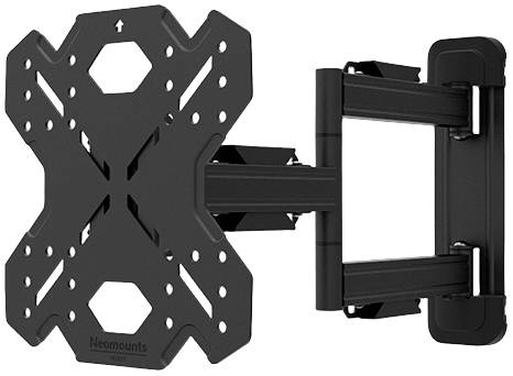 Schwarze, verstellbare TV-Wandhalterung aus Metall mit mehreren Befestigungslöchern und schwenkbarem Arm.