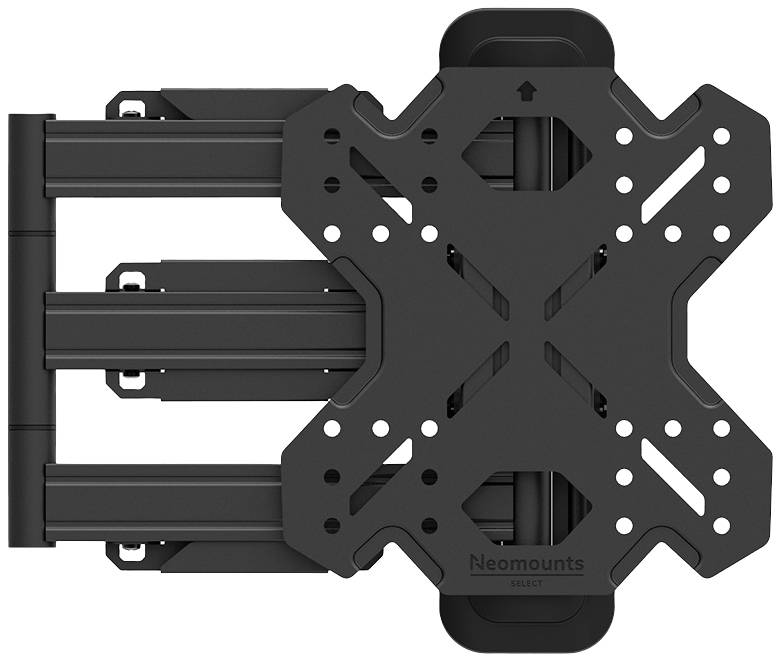Ein schwarzer Wandhalterungsarm für Monitore oder Fernseher. Mehrere Gelenke und Schraubenlöcher ermöglichen flexible Befestigung.