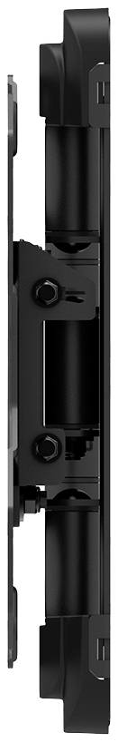 Seitenansicht eines schwarzen mechanischen oder elektronischen Geräts mit mehreren Komponenten und Scharnieren.