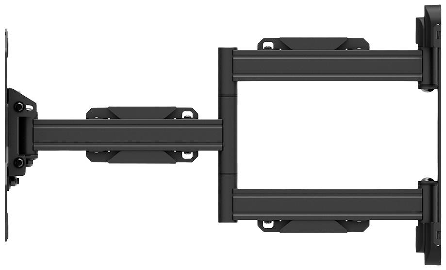 Schwenkbare TV-Wandhalterung in schwarzem Metall, geeignet für große Bildschirme, zeigt ausziehbare Arme und Befestigungsplatte.