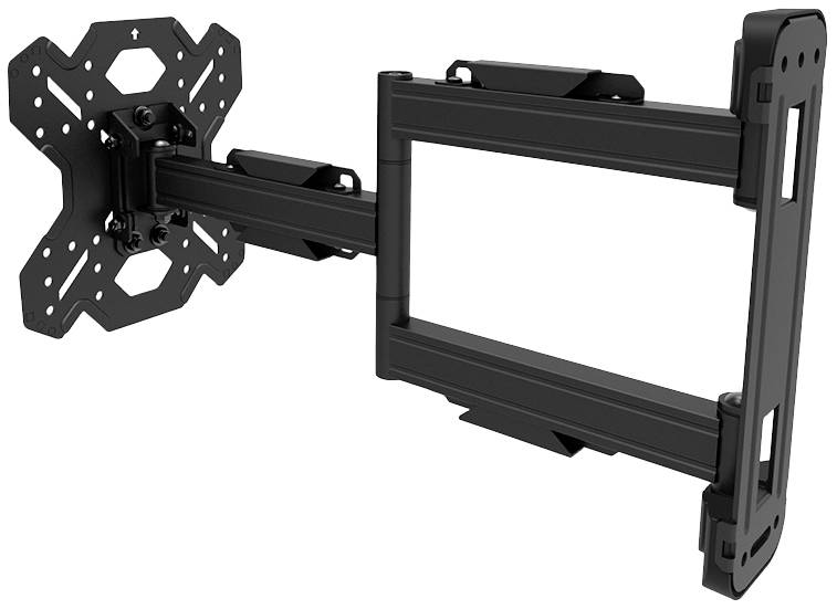 TV-Wandhalterung aus schwarzem Metall, schwenkbar und neigbar, geeignet zur Montage von Flachbildfernsehern.