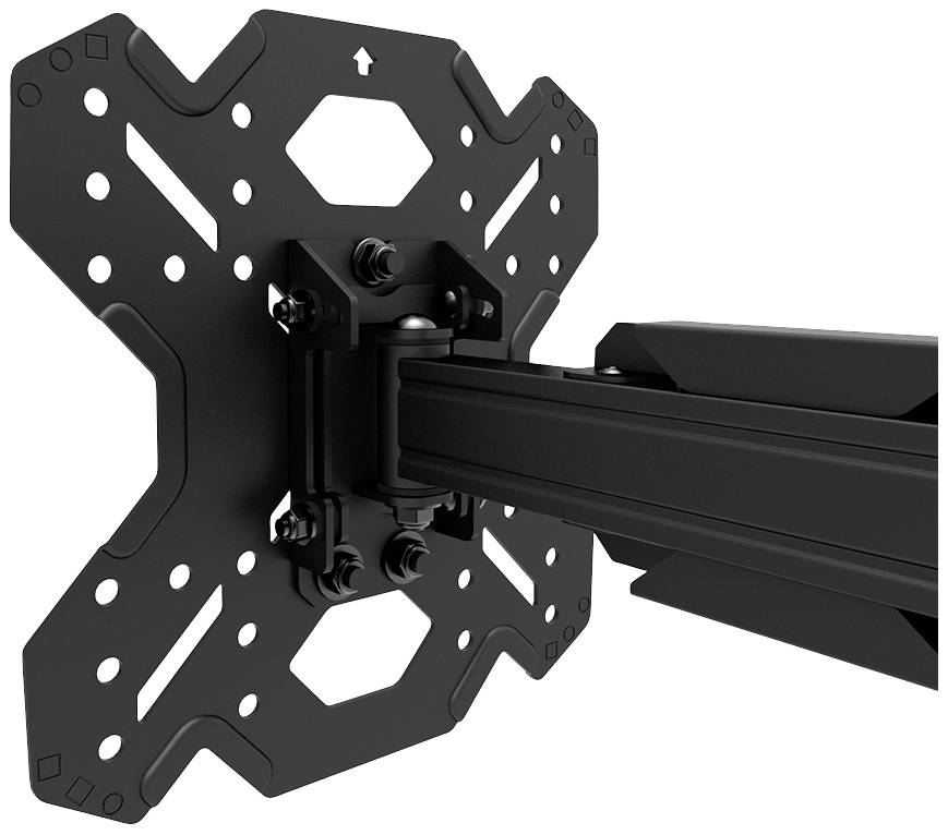 Schwarze TV-Wandhalterung mit verstellbarem Arm, ermöglicht flexible Positionierung und stabilen Halt eines Bildschirms an der Wand.