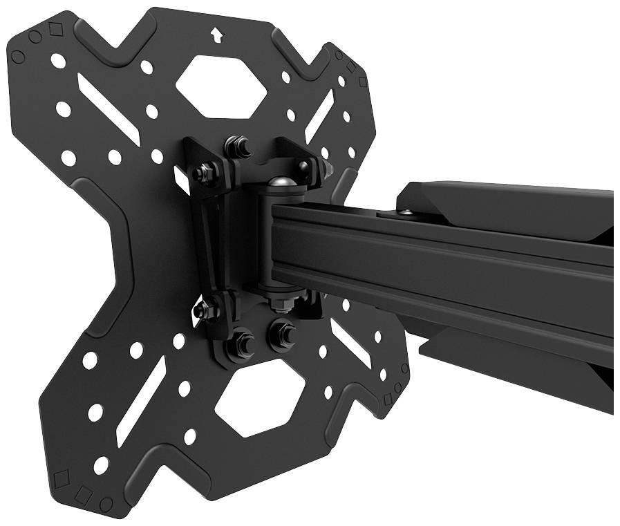 Eine schwarze Halterung, die geeignet ist, um einen Monitor oder Fernseher an einer Wand zu befestigen, mit verstellbarem Arm.