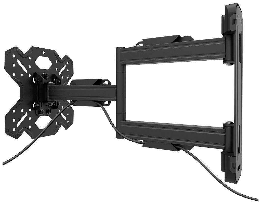 Schwarze TV-Wandhalterung mit verstellbarem Arm und Kabeln, geeignet für Flachbildfernseher.
