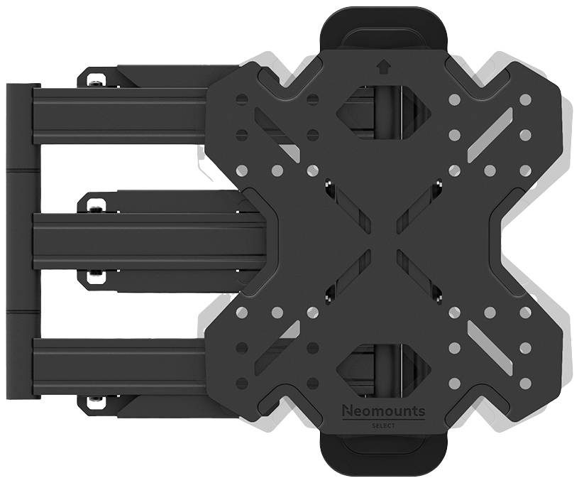 Neomounts TV-Wandhalterung in schwarz, ausgezogen, zeigt Montageplatte und Gelenkarme.