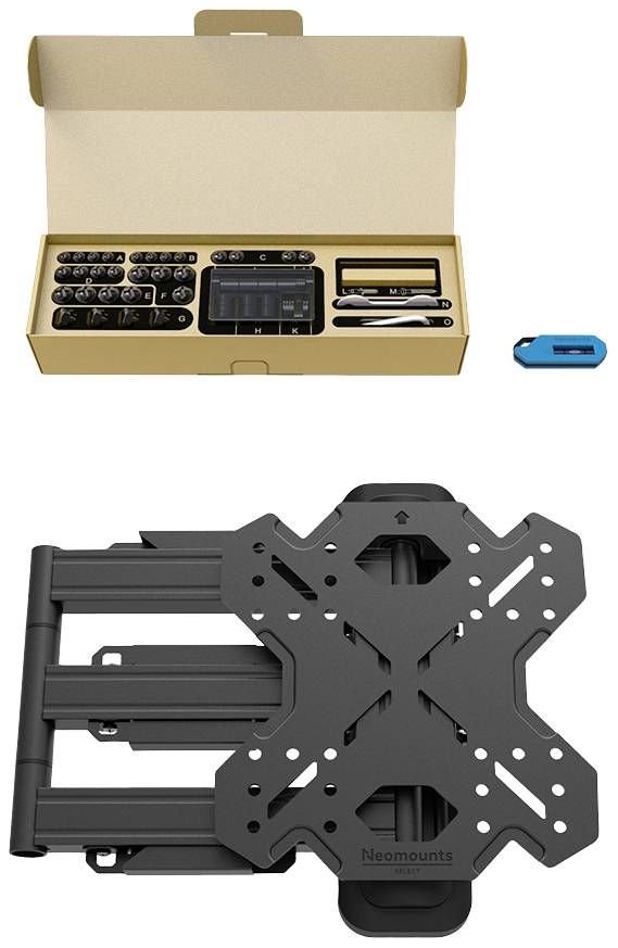 Ein Montageset mit Schrauben, Werkzeugen und einer schwarzen, verstellbaren Halterung für Monitore oder Fernseher.