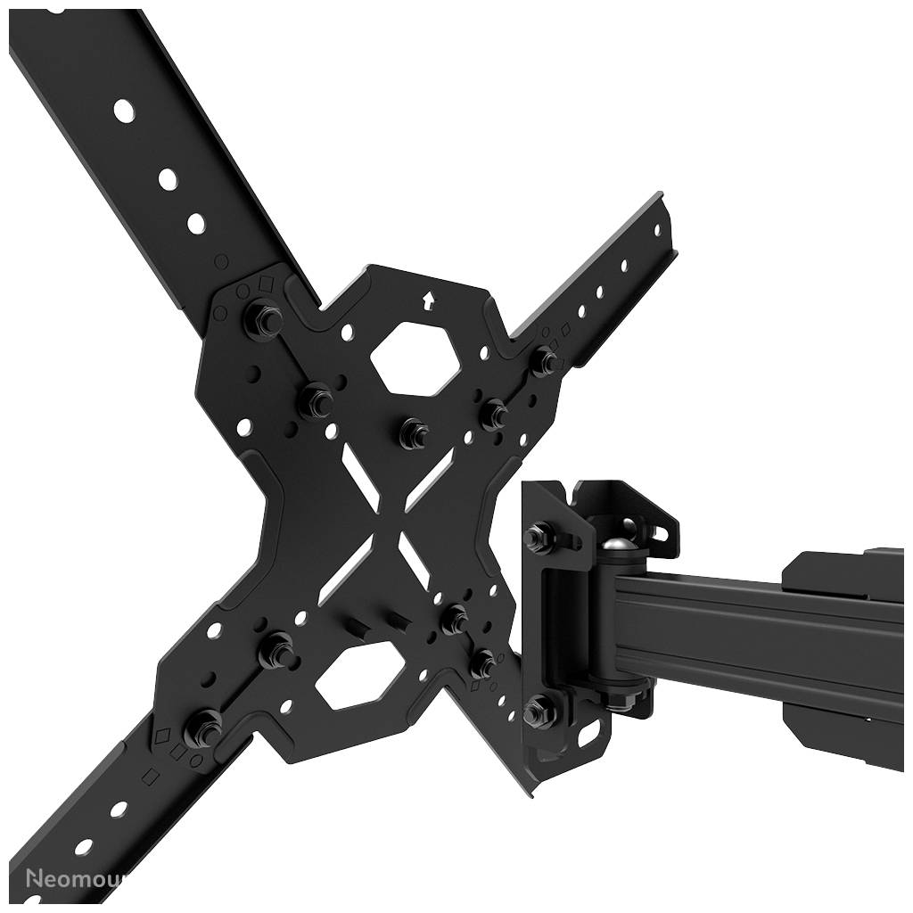 Ein schwarzer, verstellbarer Monitorhalter mit schwenkbarem Arm und VESA-Halterung. Geeignet für flexible Bildschirmplatzierung.