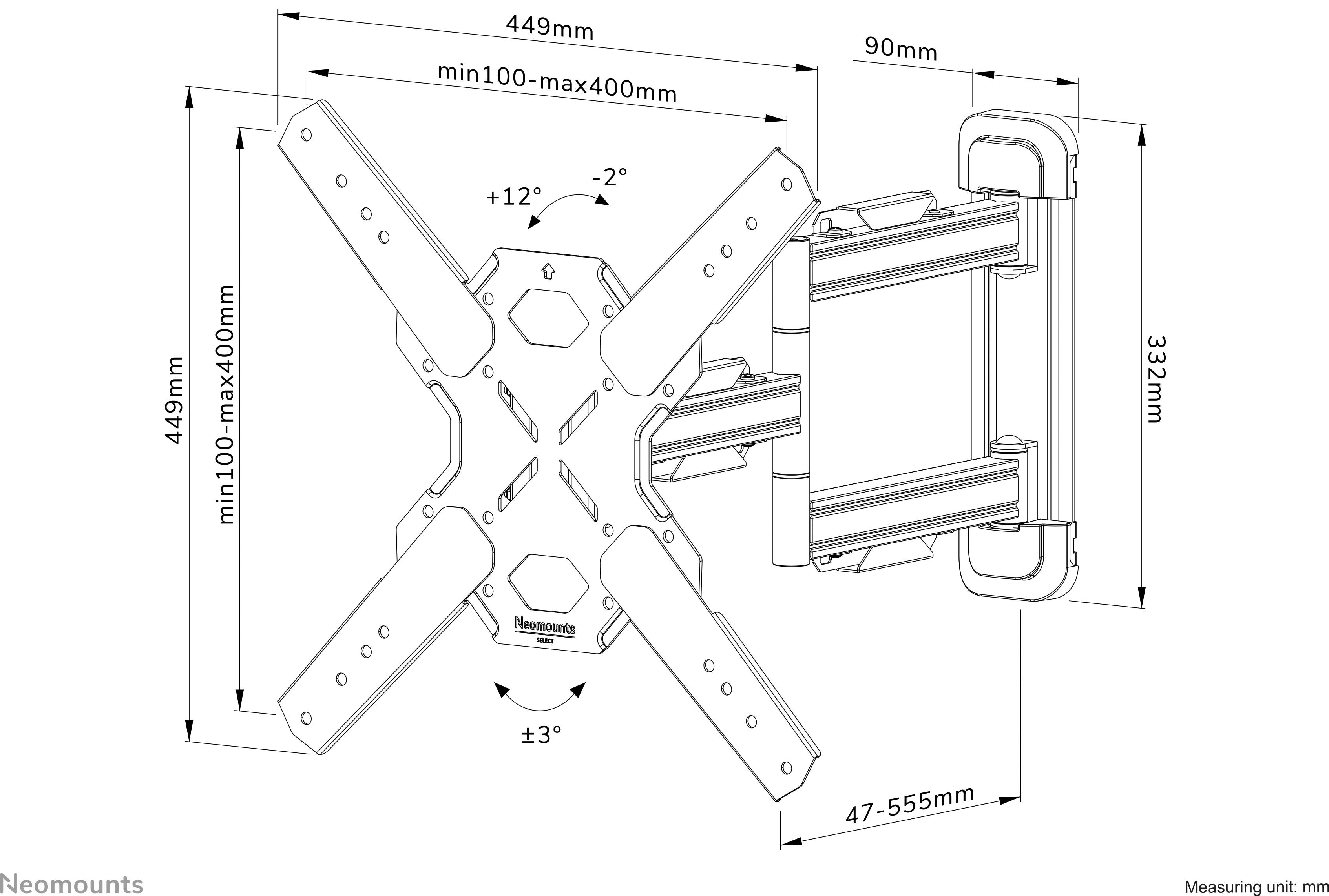 Technische Zeichnung einer TV-Halterung mit Maßen: max. 400mm Höhe, 449mm Breite, 47-555mm Tiefe. Drehbar ±3°, neigbar ±12°.