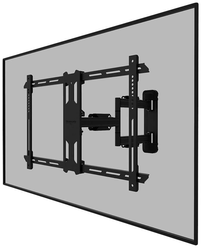 Schwarze TV-Halterung an einer Wand mit einem großen, flachen Bildschirm montiert, zeigt eine stabile und flexible Befestigungslösung.