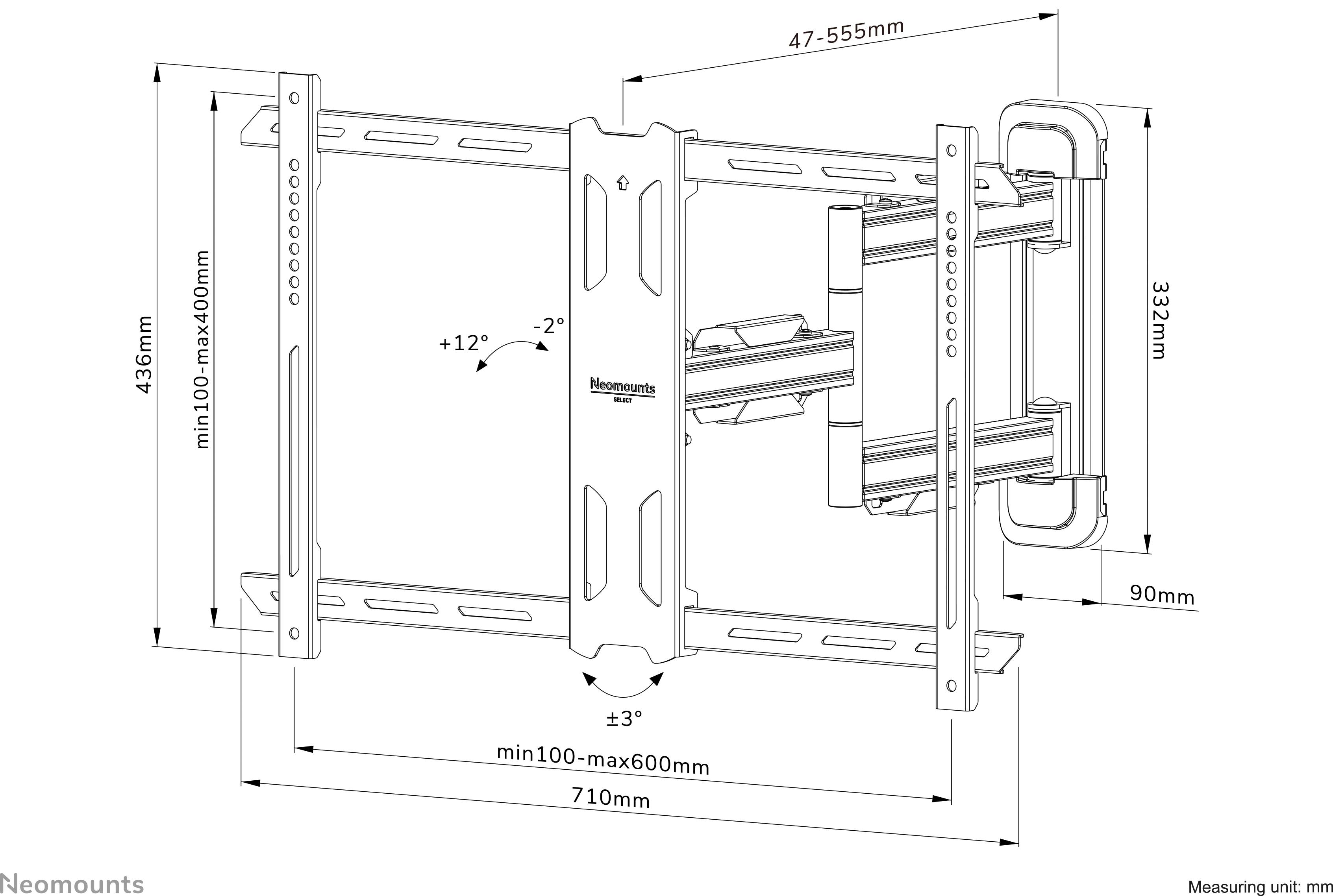 TV-Wandhalterung, neig- und schwenkbar, passend für VESA-Standards bis 600x400mm, ausziehbar 47-555mm, maximale Neigung +12°/-2°.
