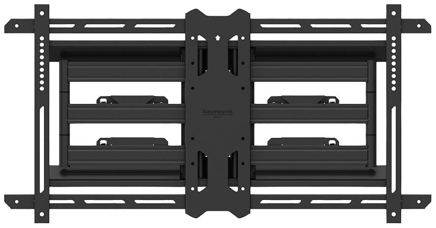 Eine schwarze TV-Wandhalterung mit verschiedenen Halterungen und Schienen zur Befestigung eines Flachbildfernsehers an der Wand.