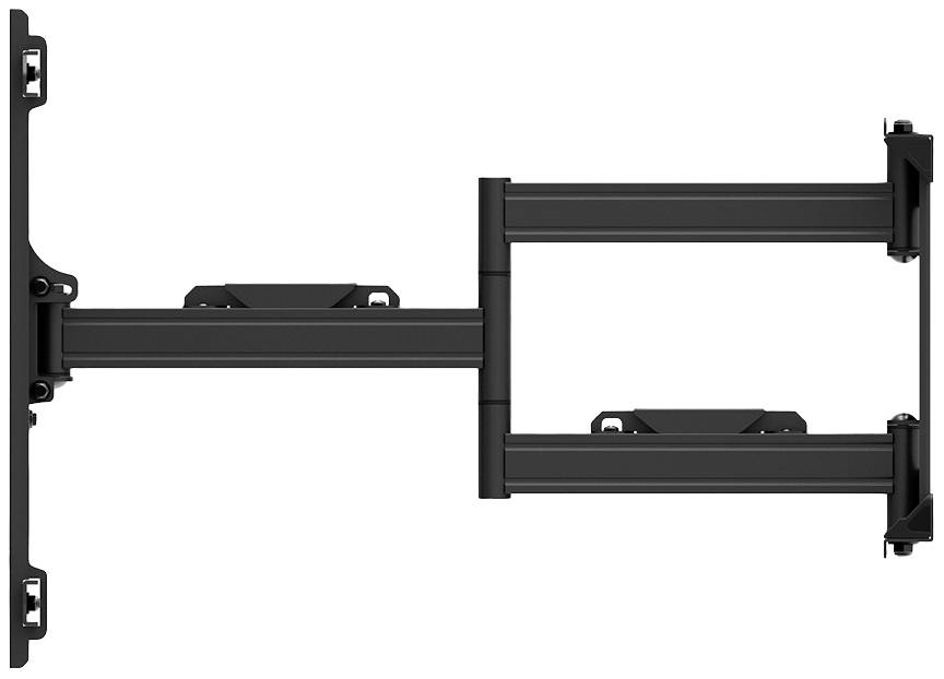 Schwenkbare TV-Wandhalterung aus schwarzem Metall, ausgefahren. Geeignet für flache Bildschirme, ermöglicht flexible Ausrichtung.