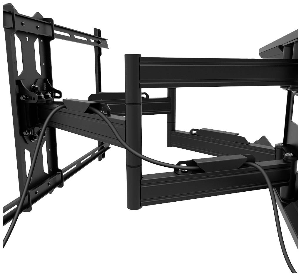 Eine schwarze, verstellbare TV-Wandhalterung mit mehreren Gelenken und Kabelmanagement, montiert an einer Wand.