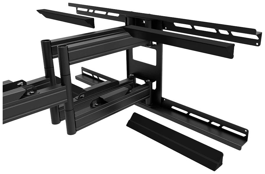 Schwenkbare TV-Wandhalterung aus schwarzem Metall, die erweiterbare Arme und Befestigungslöcher zeigt, geeignet für große Fernseher.