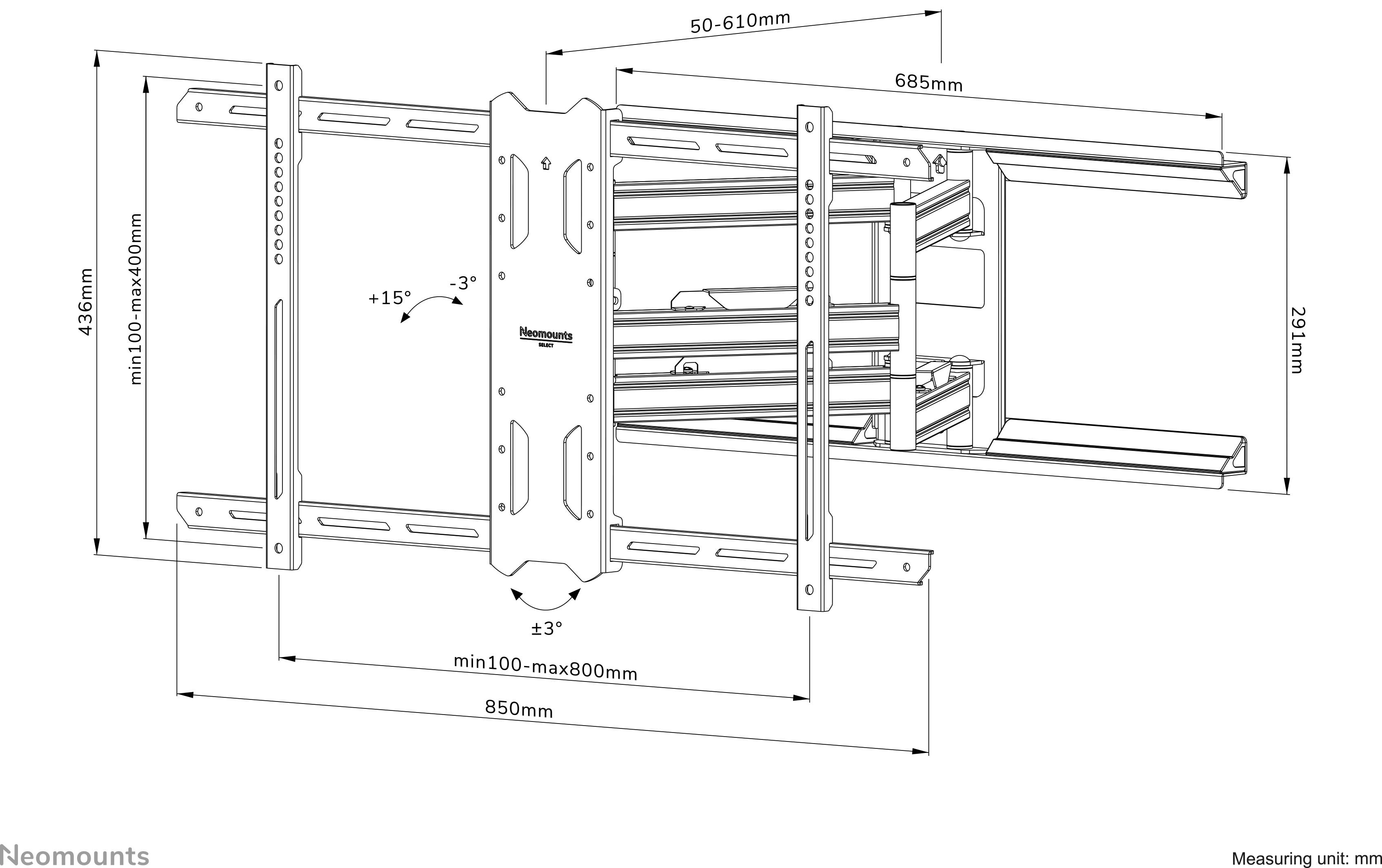 Diagramm einer Wandhalterung für Fernseher. Zeigt Abmessungen: Breite 685mm, Höhe 436mm, und Ausdehnung 50-610mm. Neigungswinkel ±15°.