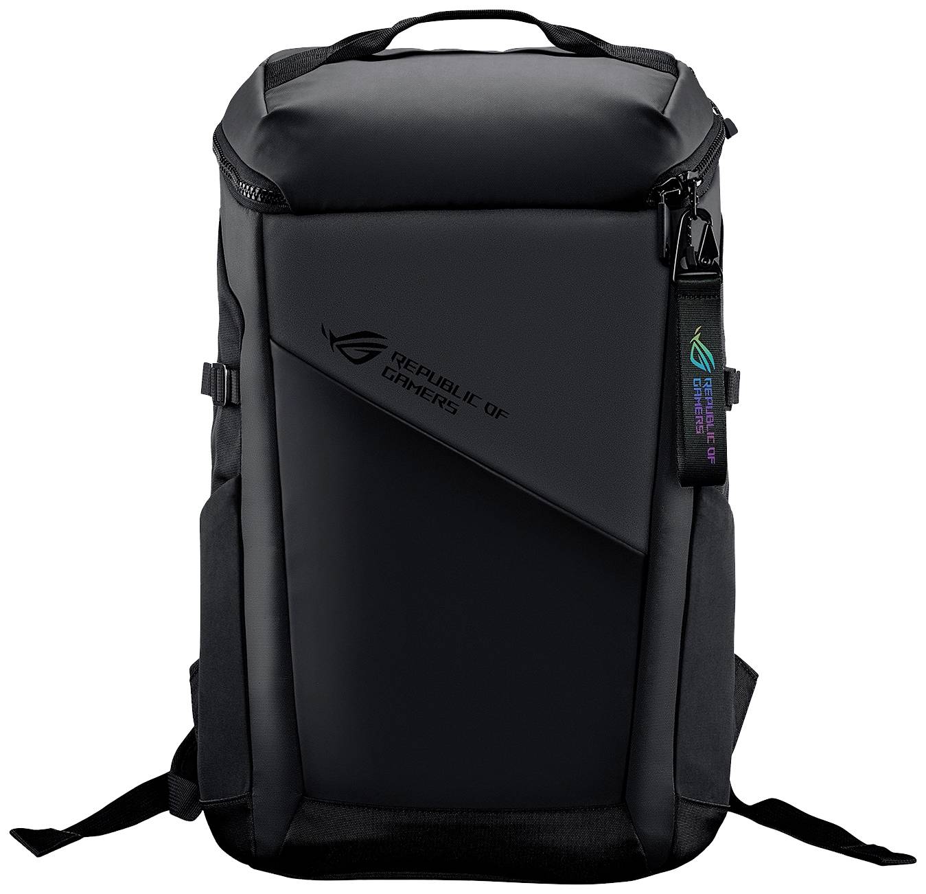 Schwarzer Gaming-Rucksack mit Reißverschluss und Tragegriff, markiert mit 'Republic of Gamers'.